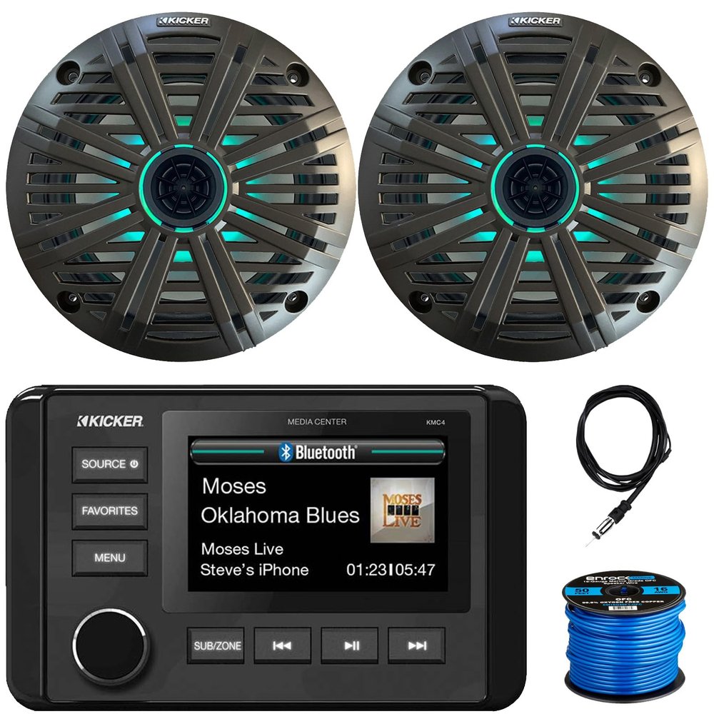 KICKER 51KMC4 3" LCD Marine Bluetooth Weather-Resistant Gauge-Style AM/FM WB/USB/AUX Media Center Receiver, 2X 6.5 195W Max Power RGB LED Coaxial Speakers W/Charcoal Grille, Antenna, Speaker Wire
