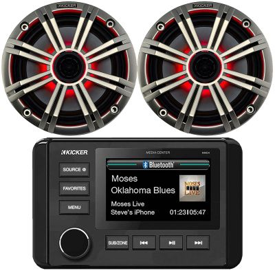 KICKER 51KMC4 3" LCD Marine Bluetooth Weather-Resistant Gauge-Style AM/FM WB/USB/AUX Media Center Receiver, 2X 6.5 195W Max Power RGB LED Coaxial Speakers, 2X 6.5 Silver Grille Speaker