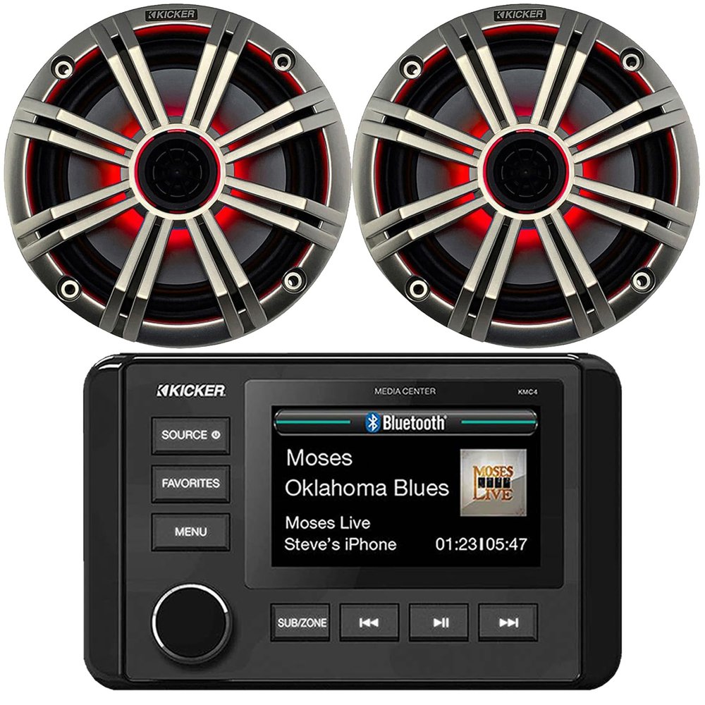 KICKER 51KMC4 3" LCD Marine Bluetooth Weather-Resistant Gauge-Style AM/FM WB/USB/AUX Media Center Receiver, 2X 6.5 195W Max Power RGB LED Coaxial Speakers, 2X 6.5 Silver Grille Speaker