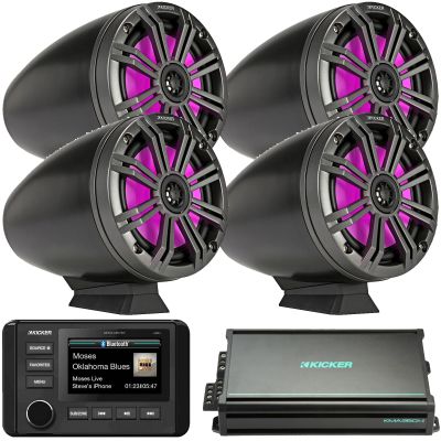 Kicker 51KMC4 3" LCD Marine Bluetooth Weather-Resistant Gauge-Style AM/FM WB/USB/AUX Media Center Receiver, 4x 6.5" 195W Max RGB LED Black Tower Boat Speakers w/Grilles, 4-Channel 90W x 4 Amplifier