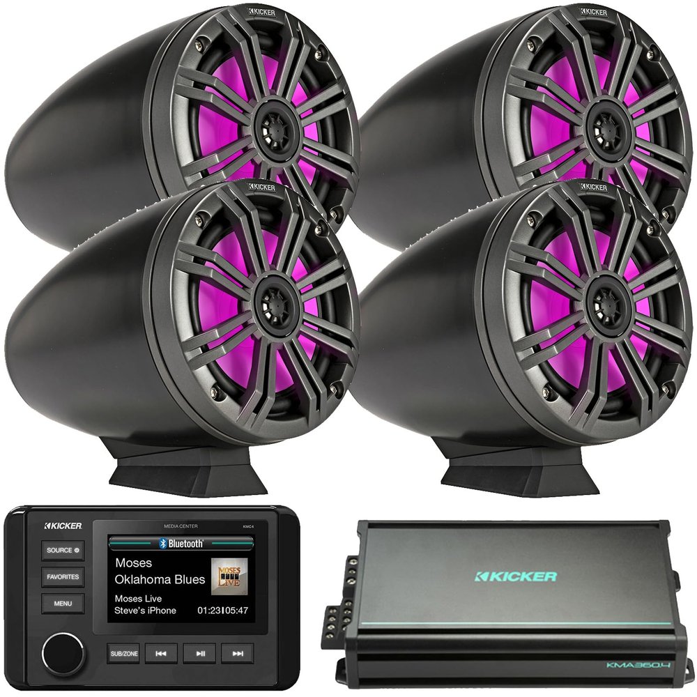 Kicker 51KMC4 3" LCD Marine Bluetooth Weather-Resistant Gauge-Style AM/FM WB/USB/AUX Media Center Receiver, 4x 6.5" 195W Max RGB LED Black Tower Boat Speakers w/Grilles, 4-Channel 90W x 4 Amplifier
