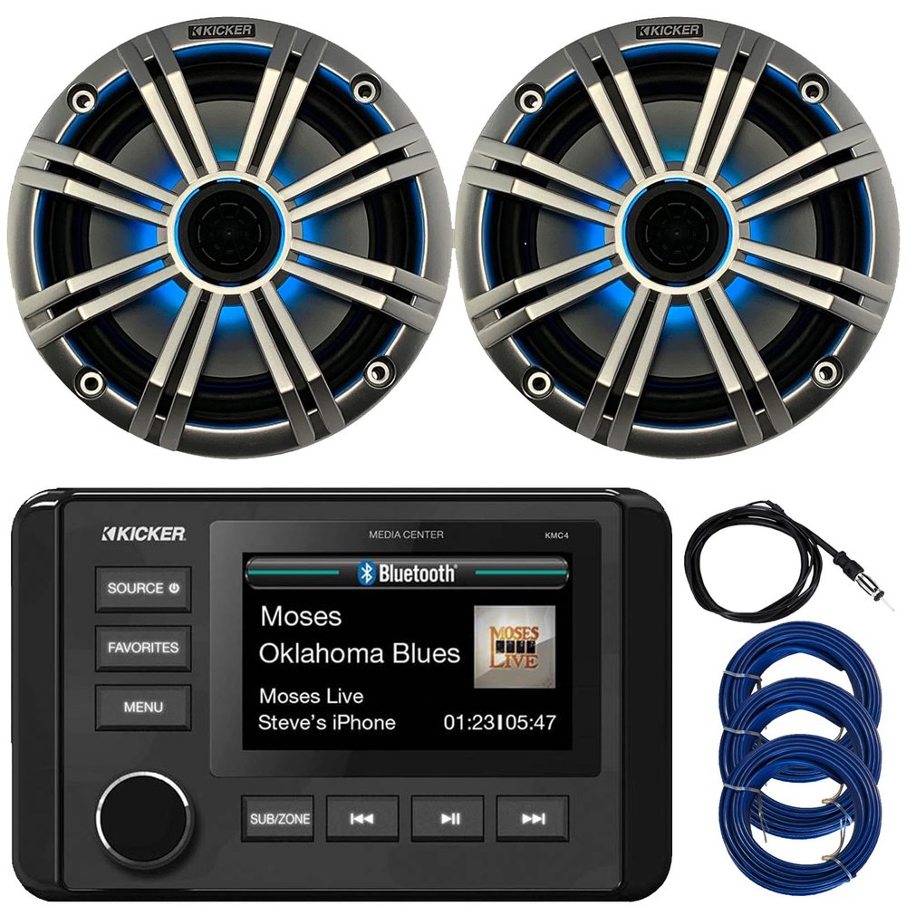 Kicker 51KMC4 3" LCD Marine Bluetooth Weather-Resistant Gauge-Style AM/FM WB/USB/AUX Media Center Receiver, 2X 6.5 195W Max Power RGB LED Coaxial Speakers W/Grille, Antenna, 3X Wire (Silver)