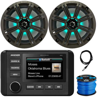 Kicker 51KMC4 3" LCD Marine Bluetooth Weather-Resistant Gauge-Style AM/FM WB/USB/AUX Media Center Receiver, 2X 8 300W Max Power RGB LED Boat Speakers W/Charcoal Grille, Radio Antenna, Speaker Wire