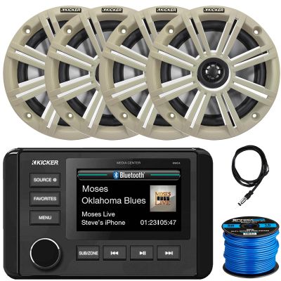 KICKER 51KMC4 3" LCD Marine Bluetooth Weather-Resistant Gauge-Style AM/FM WB/USB/AUX Media Center Receiver, 4X 6.5 195W Peak Power Coaxial Speakers W/White Grille, Radio Antenna, Speaker Wire