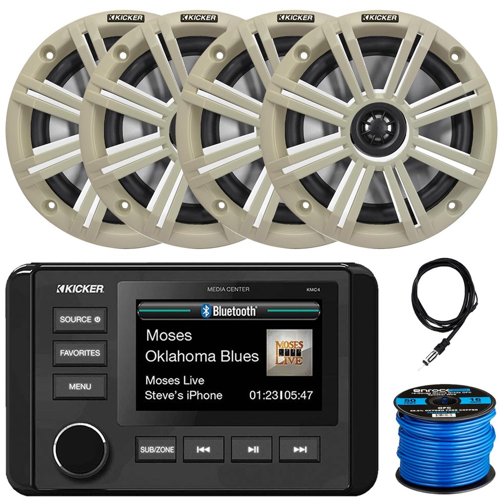 KICKER 51KMC4 3" LCD Marine Bluetooth Weather-Resistant Gauge-Style AM/FM WB/USB/AUX Media Center Receiver, 4X 6.5 195W Peak Power Coaxial Speakers W/White Grille, Radio Antenna, Speaker Wire