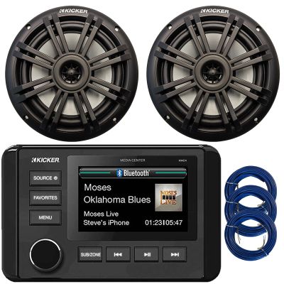 Kicker 51KMC4 3" LCD Marine Bluetooth Weather-Resistant Gauge-Style AM/FM WB/USB/AUX Media Center Receiver, 2X 6.5 150 Watt Max Power 2-Way Black Boat Audio Speakers, 3X 20 Feet 16 Gauge Speaker Wire