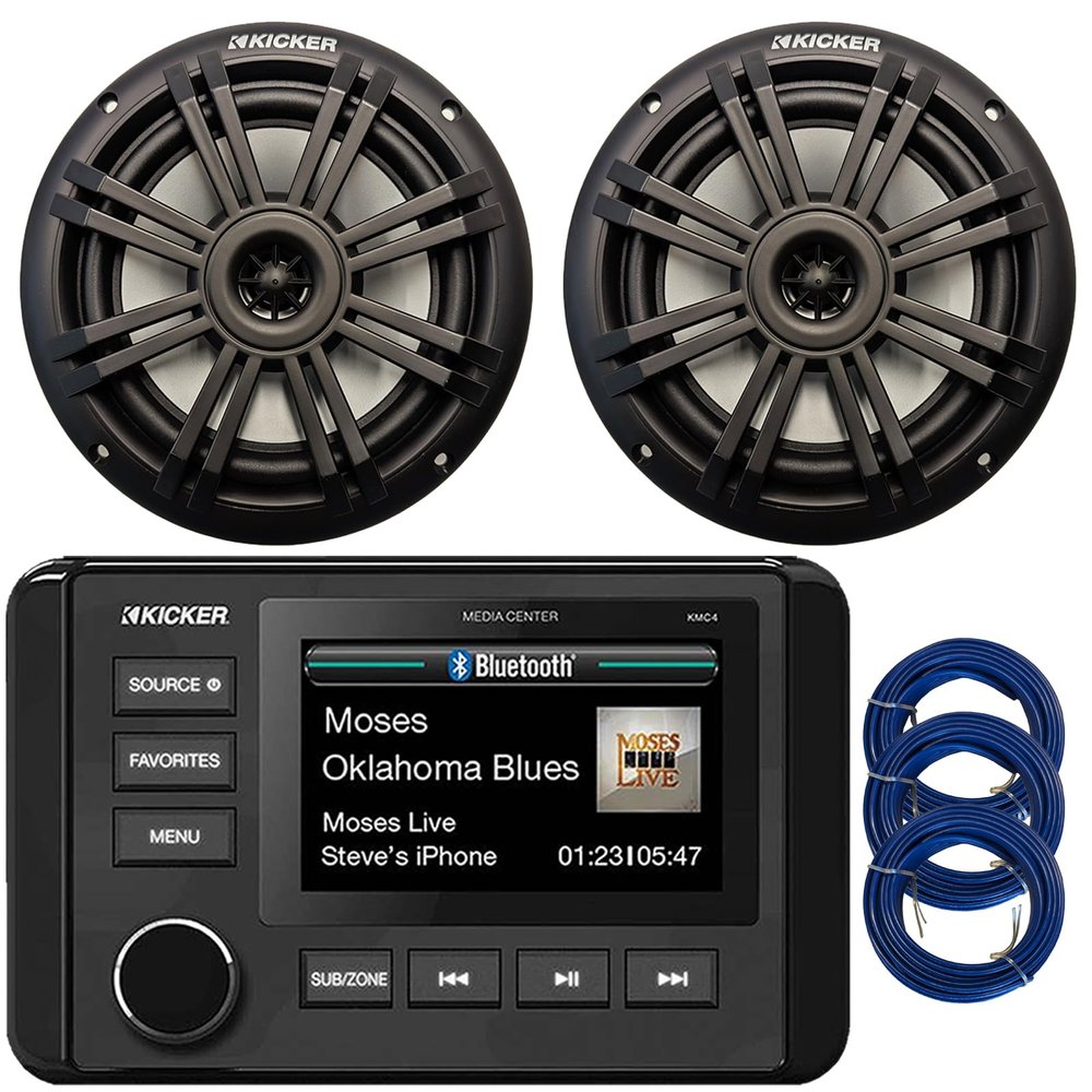 Kicker 51KMC4 3" LCD Marine Bluetooth Weather-Resistant Gauge-Style AM/FM WB/USB/AUX Media Center Receiver, 2X 6.5 150 Watt Max Power 2-Way Black Boat Audio Speakers, 3X 20 Feet 16 Gauge Speaker Wire