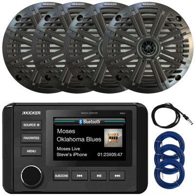 Kicker 51KMC4 3" LCD Marine Bluetooth Weather-Resistant Gauge-Style AM/FM WB/USB/AUX Media Center Receiver, 4X 6.5 195W Max Power Coaxial Speakers W/Grille, Radio Antenna, 3X Speaker Wire (Charcoal)