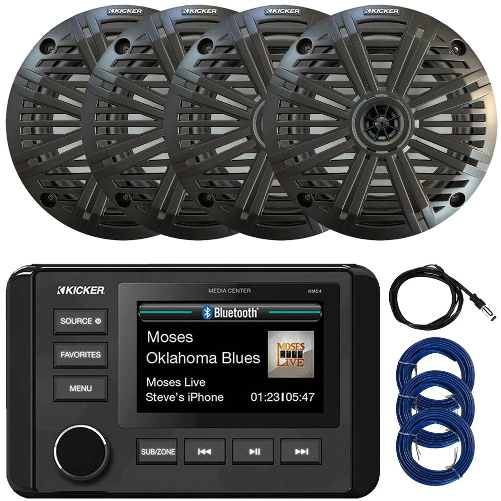 Kicker 51KMC4 3" LCD Marine Bluetooth Weather-Resistant Gauge-Style AM/FM WB/USB/AUX Media Center Receiver, 4X 6.5 195W Max Power Coaxial Speakers W/Grille, Radio Antenna, 3X Speaker Wire (Charcoal)
