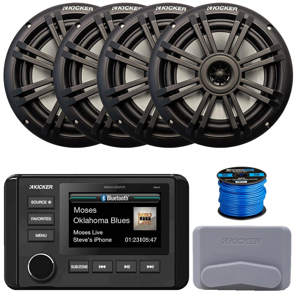 KICKER 51KMC4 3" LCD Marine Bluetooth Weather-Resistant Gauge-Style AM/FM WB/USB/AUX Media Center Receiver, 4X 6.5 150 Watt Max Power 2-Way Black Boat Audio Speakers, 50 Feet 16 Gauge Speaker Wire