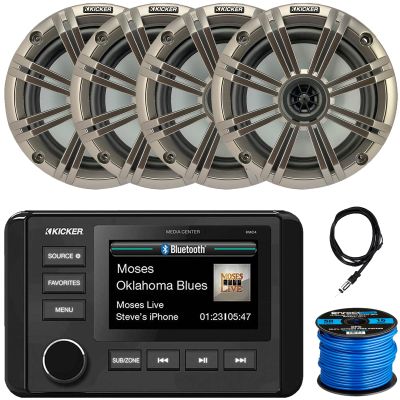 KICKER 51KMC4 3" LCD Marine Bluetooth Weather-Resistant Gauge-Style AM/FM WB/USB/AUX Media Center Receiver, 4X 6.5 195W Max Power Coaxial Speakers W/Silver Grilles, Radio Antenna, Speaker Wire
