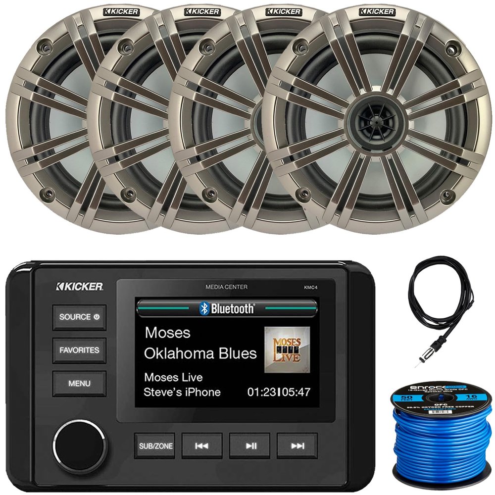 KICKER 51KMC4 3" LCD Marine Bluetooth Weather-Resistant Gauge-Style AM/FM WB/USB/AUX Media Center Receiver, 4X 6.5 195W Max Power Coaxial Speakers W/Silver Grilles, Radio Antenna, Speaker Wire