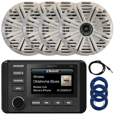 Kicker 51KMC4 3" LCD Marine Bluetooth Weather-Resistant Gauge-Style AM/FM WB/USB/AUX Media Center Receiver, 4X 6.5 195W Max Power Coaxial Speakers W/White Grille, Radio Antenna, 3X Speaker Wire