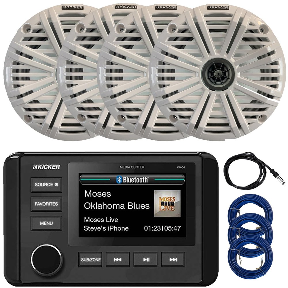 Kicker 51KMC4 3" LCD Marine Bluetooth Weather-Resistant Gauge-Style AM/FM WB/USB/AUX Media Center Receiver, 4X 6.5 195W Max Power Coaxial Speakers W/White Grille, Radio Antenna, 3X Speaker Wire