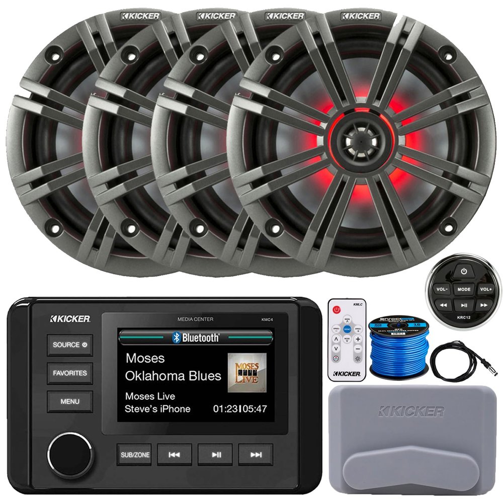 KICKER 51KMC4 3" LCD Marine Bluetooth Weather-Resistant Gauge-Style AM/FM WB/USB/AUX Media Center Receiver W/Remote Control, 4X 6.5 195W Max RGB LED Speakers W/Grille, Controller, Radio Antenna, Wire