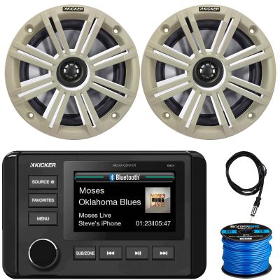 KICKER 51KMC4 3" LCD Marine Bluetooth Weather-Resistant Gauge-Style AM/FM WB/USB/AUX Media Center Receiver, 2X 6.5 195 Watt Max Power Coaxial Speakers W/White Grille, Radio Antenna, Speaker Wire