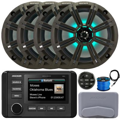 KICKER 51KMC4 3" LCD Marine Bluetooth Weather-Resistant Gauge-Style AM/FM WB/USB/AUX Media Center Receiver W/Remote Control, 4X 8 300W Max Power RGB LED Speakers W/Charcoal Grilles, Antenna, Wire