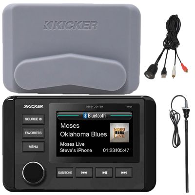 KICKER 51KMC4 3" LCD Marine Bluetooth Weather-Resistant Gauge-Style AM/FM WB/USB/AUX Media Center Receiver Bundle Combo with USB/AUX 3.5MM Auxiliary Interface Adapter, Black Long Range Radio Antenna