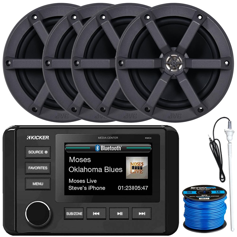 Kicker 51KMC4 3" LCD Marine Bluetooth Weather-Resistant Gauge-Style AM/FM WB/USB/AUX Media Center Receiver, 4X 6.5 100W Max Power 2-Way Boat Speakers, Radio Antenna, 50 Feet 16 Gauge Speaker Wire