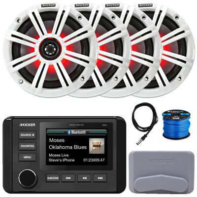 KICKER 51KMC4 3" LCD Marine Bluetooth Weather-Resistant Gauge-Style AM/FM WB/USB/AUX Media Center Receiver, 4X 6.5 195W Max Power RGB LED Coaxial Speakers W/White Grille, 22" Antenna, Speaker Wire