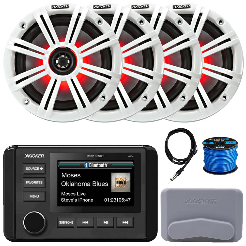 KICKER 51KMC4 3" LCD Marine Bluetooth Weather-Resistant Gauge-Style AM/FM WB/USB/AUX Media Center Receiver, 4X 6.5 195W Max Power RGB LED Coaxial Speakers W/White Grille, 22" Antenna, Speaker Wire
