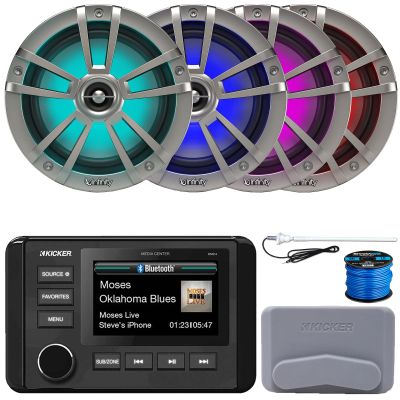 Kicker 51KMC4 3" LCD Marine Bluetooth Weather-Resistant Gauge-Style AM/FM WB/USB/AUX Media Center Receiver, 4x 6.5" 225W Max Power Waterproof Coaxial Titanium Boat RGB LED Speakers, Antenna, Wire