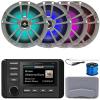 Kicker 51KMC4 3" LCD Marine Bluetooth Weather-Resistant Gauge-Style AM/FM WB/USB/AUX Media Center Receiver, 4x 6.5" 225W Max Power Waterproof Coaxial Titanium Boat RGB LED Speakers, Antenna, Wire view 1