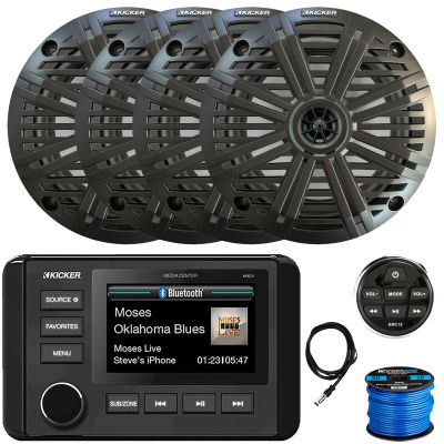 Kicker 51KMC4 3" LCD Marine Bluetooth Weather-Resistant Gauge-Style AM/FM WB/USB/AUX Media Center Receiver W/Remote Control, 4X 6.5 195W Max Power Coaxial Speakers W/Charcoal Grilles, Antenna, Wire