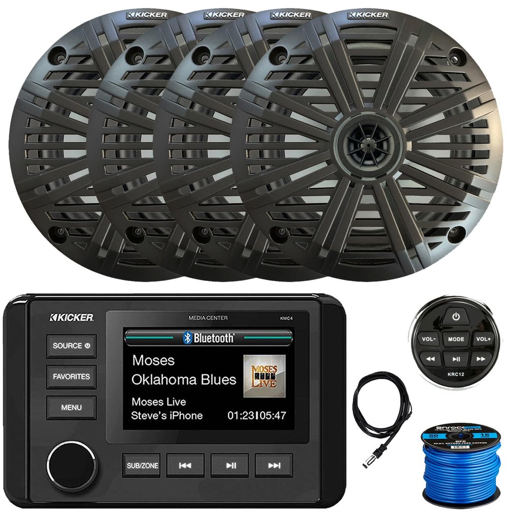 Kicker 51KMC4 3" LCD Marine Bluetooth Weather-Resistant Gauge-Style AM/FM WB/USB/AUX Media Center Receiver W/Remote Control, 4X 6.5 195W Max Power Coaxial Speakers W/Charcoal Grilles, Antenna, Wire