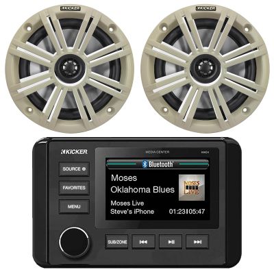 KICKER 51KMC4 3" LCD Marine Bluetooth Weather-Resistant Gauge-Style AM/FM WB/USB/AUX Media Center Receiver, 2X 6.5 195W Max Power RGB LED Coaxial Speakers, 2X 6.5 White Grille Speaker