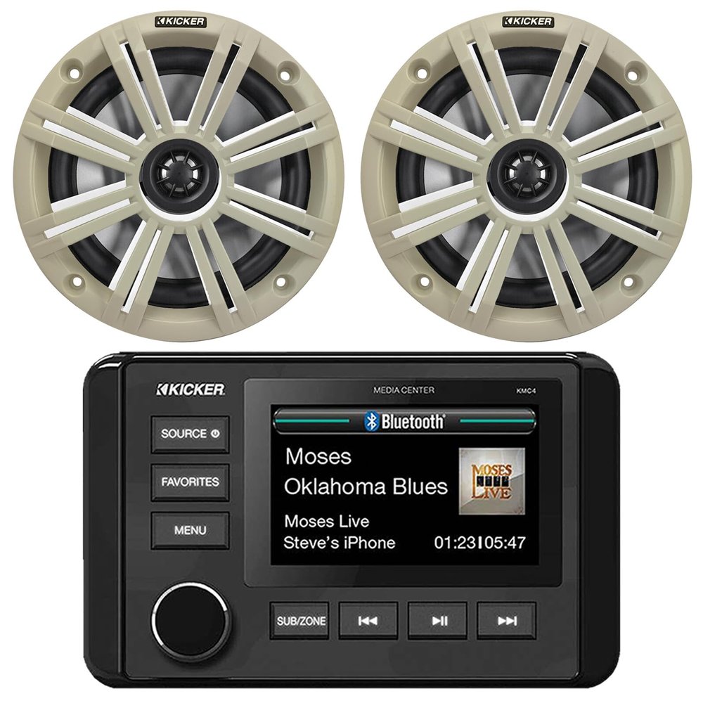 KICKER 51KMC4 3" LCD Marine Bluetooth Weather-Resistant Gauge-Style AM/FM WB/USB/AUX Media Center Receiver, 2X 6.5 195W Max Power RGB LED Coaxial Speakers, 2X 6.5 White Grille Speaker