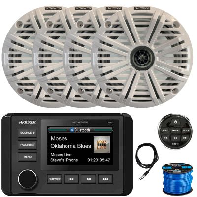 Kicker 51KMC4 3" LCD Marine Bluetooth Weather-Resistant Gauge-Style AM/FM WB/USB/AUX Media Center Receiver W/Remote Control, 4X 6.5 195W Max Power Coaxial Speakers W/Grilles, Antenna, Wire (White)