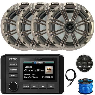 KICKER 51KMC4 3" LCD Marine Bluetooth Weather-Resistant Gauge-Style AM/FM WB/USB/AUX Media Center Receiver W/Remote Control, 4X 6.5 195W Max Power Coaxial Speakers W/Silver Grilles, Antenna, Wire