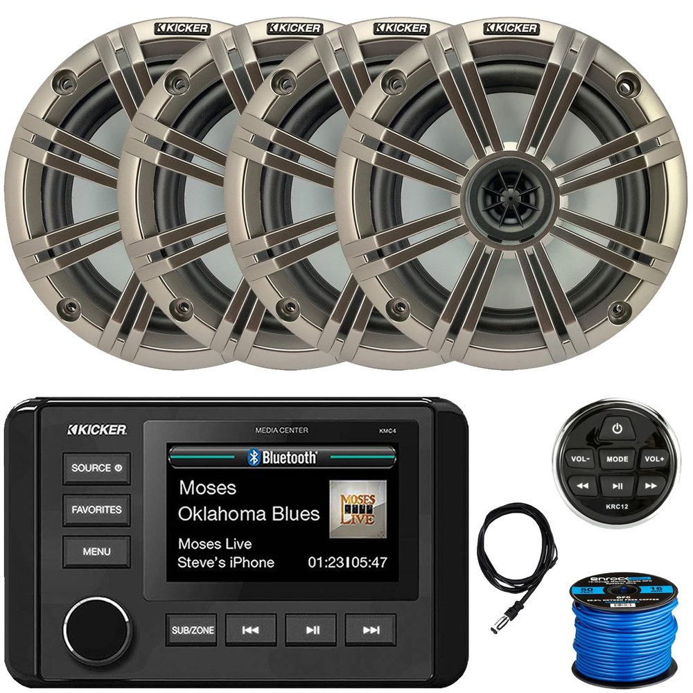 KICKER 51KMC4 3" LCD Marine Bluetooth Weather-Resistant Gauge-Style AM/FM WB/USB/AUX Media Center Receiver W/Remote Control, 4X 6.5 195W Max Power Coaxial Speakers W/Silver Grilles, Antenna, Wire