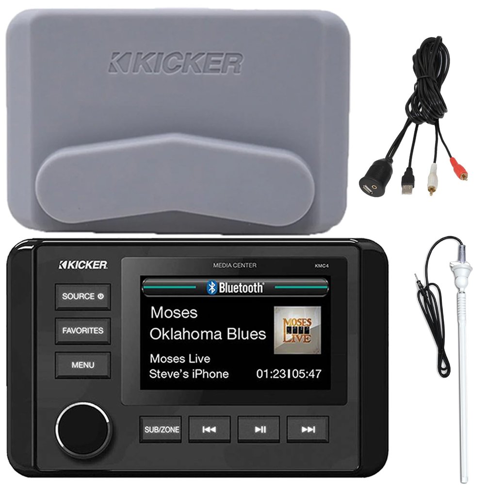 KICKER 51KMC4 3" LCD Marine Bluetooth Weather-Resistant Gauge-Style AM/FM WB/USB/AUX Media Center Receiver Bundle Combo with USB/AUX 3.5MM Auxiliary Interface Adapter, White Long Range Radio Antenna