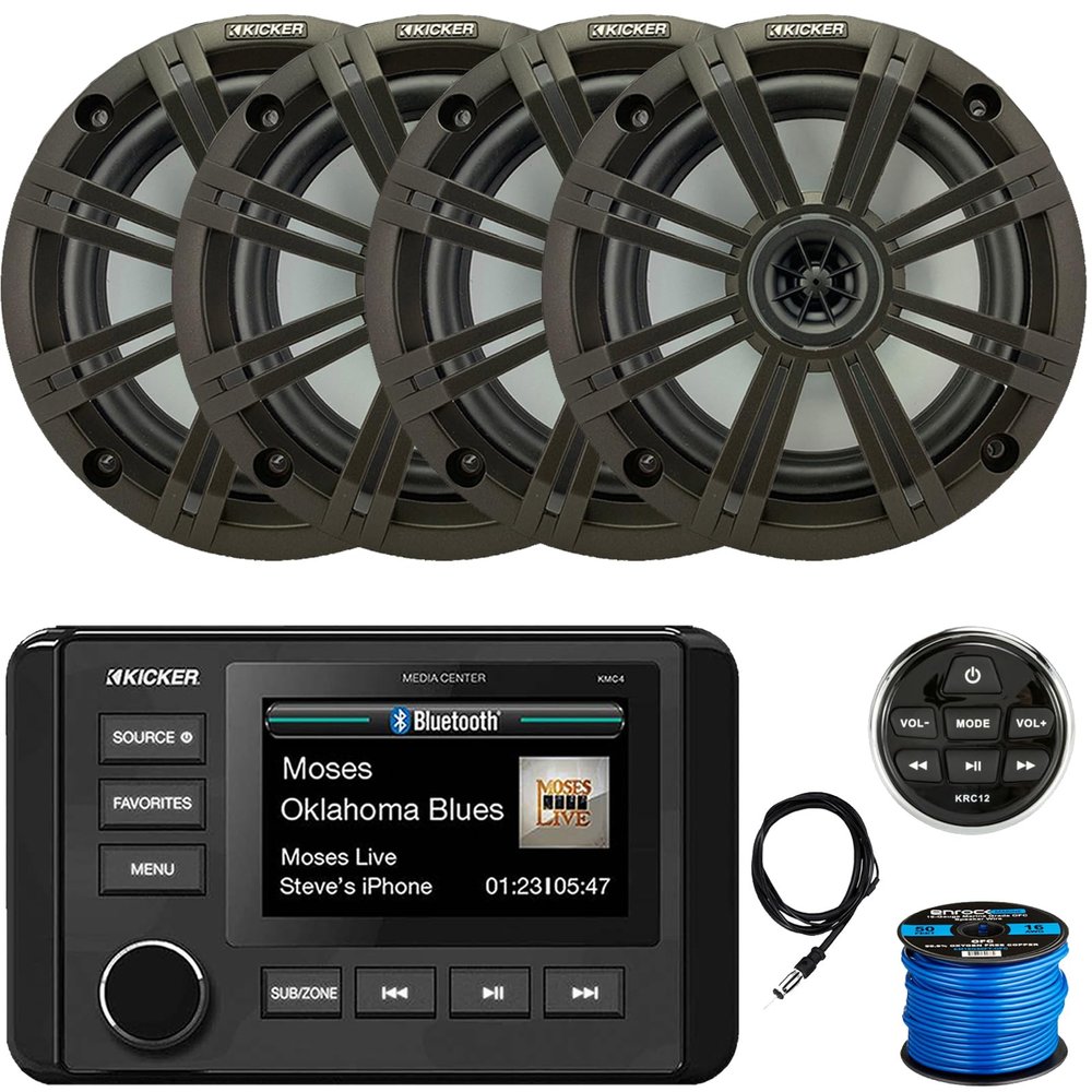 KICKER 51KMC4 3" LCD Marine Bluetooth Weather-Resistant Gauge-Style AM/FM WB/USB/AUX Media Center Receiver W/Remote Control, 4X 6.5 195W Peak Power Coaxial Speakers W/Charcoal Grilles, Antenna, Wire