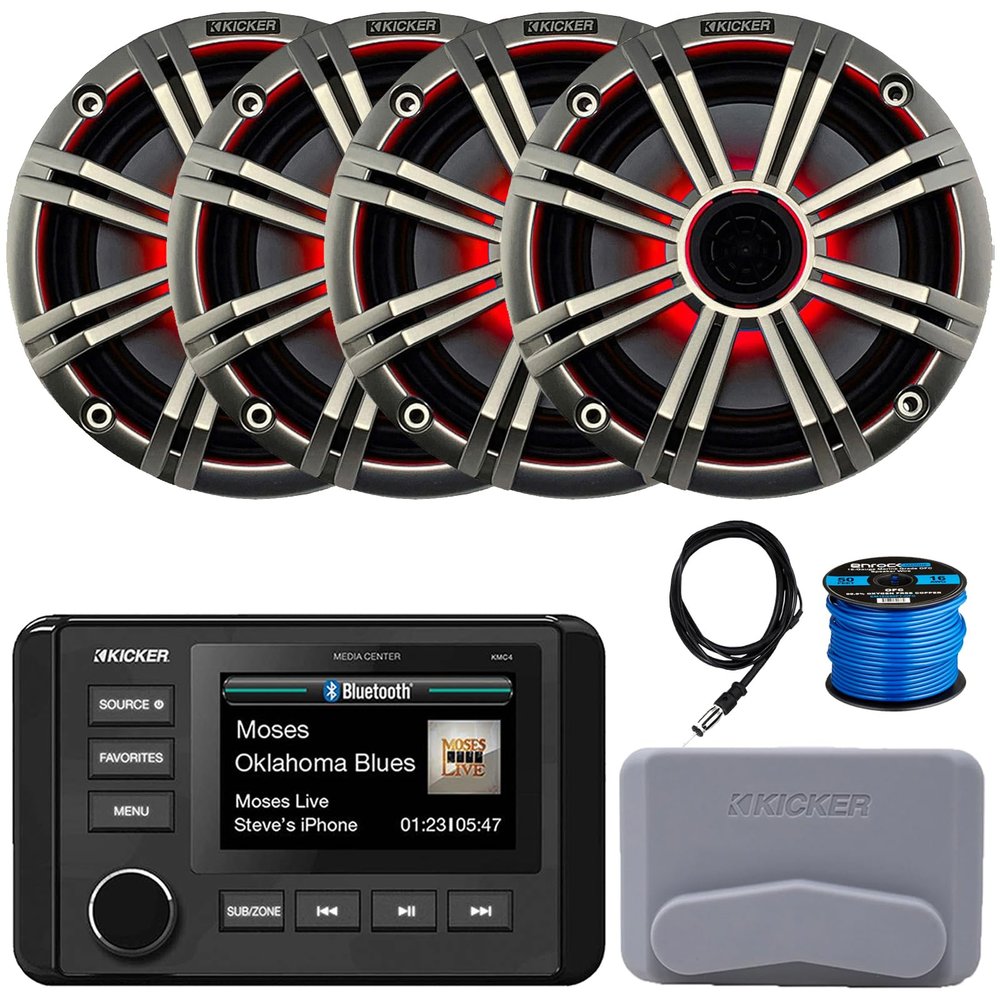 KICKER 51KMC4 3" LCD Marine Bluetooth Weather-Resistant Gauge-Style AM/FM WB/USB/AUX Media Center Receiver, 4X 6.5 195W Max Power RGB LED Coaxial Speakers W/Silver Grille, 22" Antenna, Speaker Wire