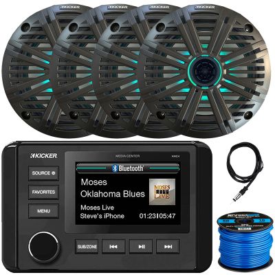 KICKER 51KMC4 3" LCD Marine Bluetooth Weather-Resistant Gauge-Style AM/FM WB/USB/AUX Media Center Receiver, 4X 6.5 195W Max RGB LED Coaxial Speakers W/Charcoal Grille, Radio Antenna, Speaker Wire