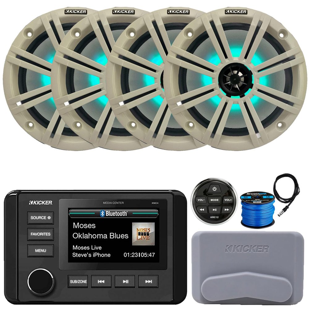 KICKER 51KMC4 3" LCD Marine Bluetooth Weather-Resistant Gauge-Style AM/FM WB/USB/AUX Media Center Receiver W/Remote Control, 4X 8 300W Max Power RGB LED Boat Speakers W/White Grilles, Antenna, Wire