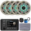 KICKER 51KMC4 3" LCD Marine Bluetooth Weather-Resistant Gauge-Style AM/FM WB/USB/AUX Media Center Receiver W/Remote Control, 4X 8 300W Max Power RGB LED Boat Speakers W/White Grilles, Antenna, Wire view 1