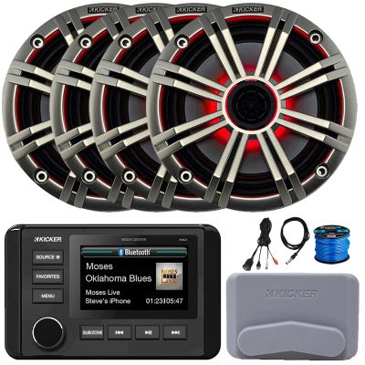 KICKER 51KMC4 3" LCD Marine Bluetooth Weather-Resistant Gauge-Style AM/FM WB/USB/AUX Media Center Receiver, 4X 6.5 195W Max RGB LED Speakers W/Silver Grille, USB/AUX Adapter, Speaker Wire, Antenna