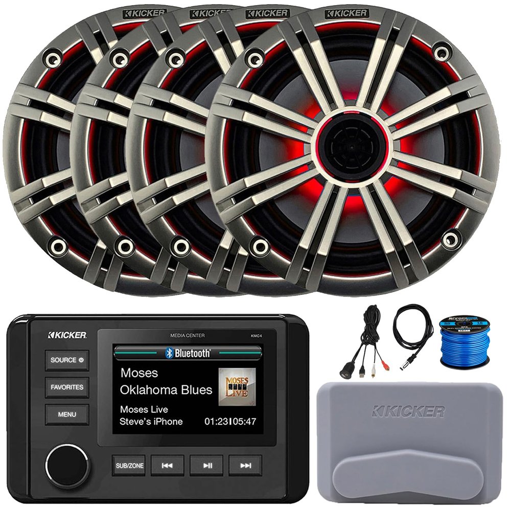 KICKER 51KMC4 3" LCD Marine Bluetooth Weather-Resistant Gauge-Style AM/FM WB/USB/AUX Media Center Receiver, 4X 6.5 195W Max RGB LED Speakers W/Silver Grille, USB/AUX Adapter, Speaker Wire, Antenna