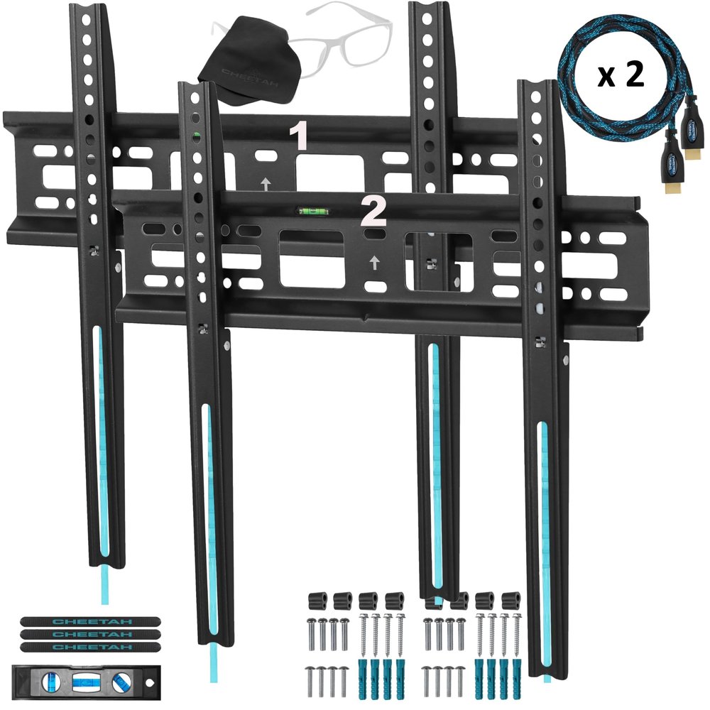 Cheetah Fixed TV Mount for Most 26-60 Inch TVs up to 115lbs VESA 400x400mm, with 10ft HDMI Cable, LED OLED Flat Screen TV Wall Mount Bracket, Fits 16" Studs, Quick Release Lock, Low Profile (2-Pack)
