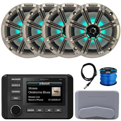 Kicker 51KMC4 3" LCD Marine Bluetooth Weather-Resistant Gauge-Style AM/FM WB/USB/AUX Media Center Receiver, 4X 8 300W Max Power RGB LED Boat Speakers W/Silver Grille, 22" Radio Antenna, Speaker Wire