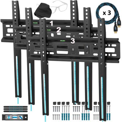 Cheetah Fixed TV Mount (3-Pack) for Most 26-60 Inch TVs up to 115lbs, Each with 10ft HDMI Cable, VESA 400x400mm, Flat Screen TV Wall Mount Bracket, Fits 16" Studs, Quick Release Lock, Low 1" Profile