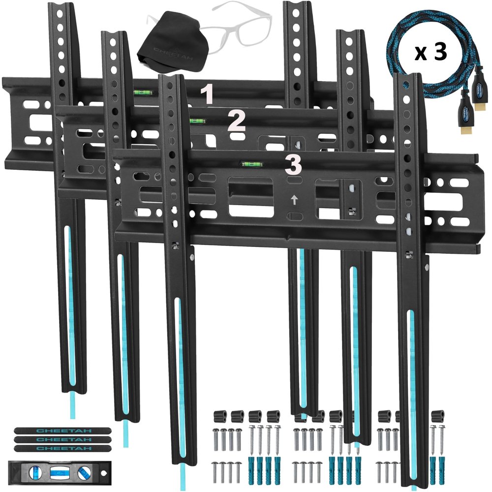 Cheetah Fixed TV Mount (3-Pack) for Most 26-60 Inch TVs up to 115lbs, Each with 10ft HDMI Cable, VESA 400x400mm, Flat Screen TV Wall Mount Bracket, Fits 16" Studs, Quick Release Lock, Low 1" Profile