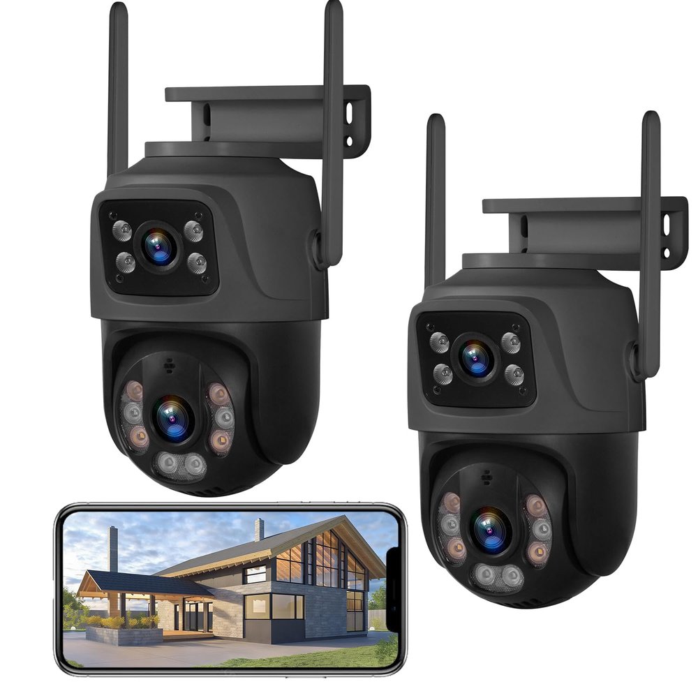 Dual Lens Security Cameras Outdoor, 6MP WiFi Surveillance Camera, Home Security Surveillance System, 360View, IP67 Waterproof, Motion Detection,Two-Way Audio, Light Alarm (2pack)
