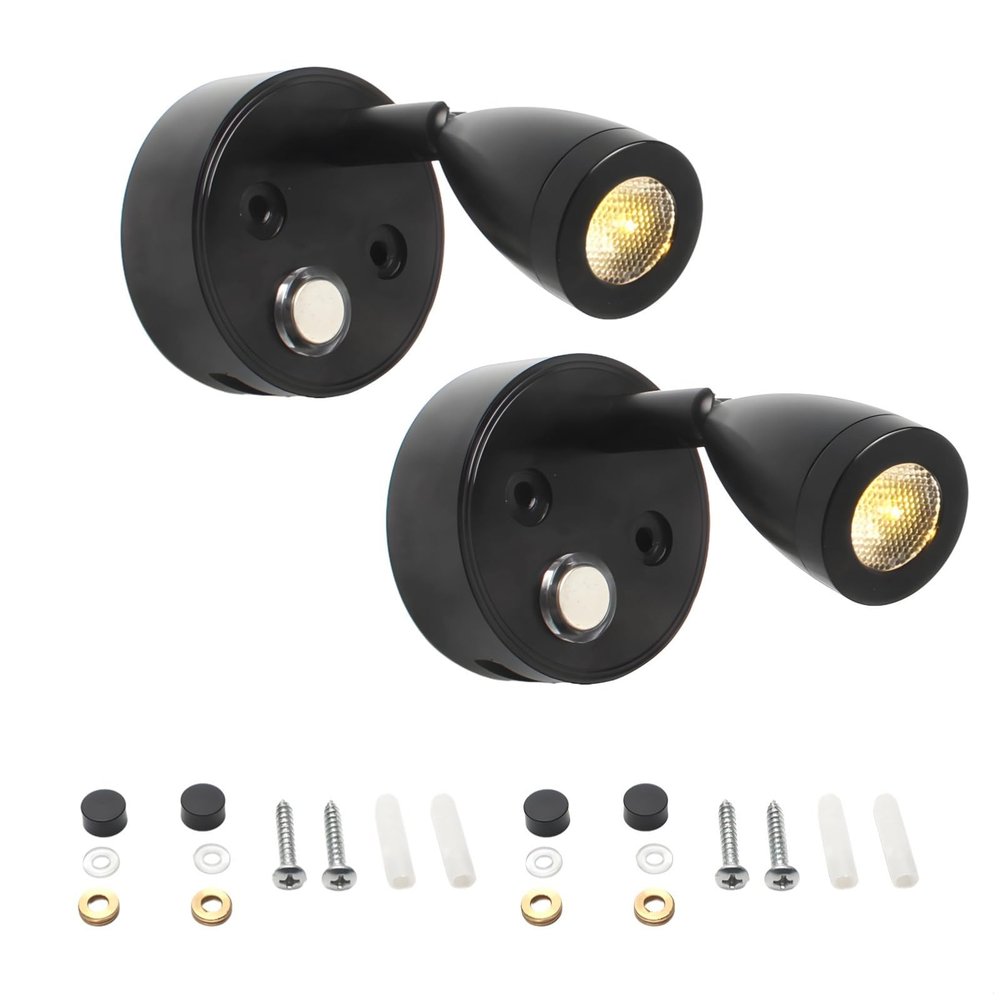 12V Led Rv Reading Lights, 2 Pcs Adjustable Wall Lamps with USB Charger, 3 Colors Dimmable Touch Control Light for Boats & Caravans
