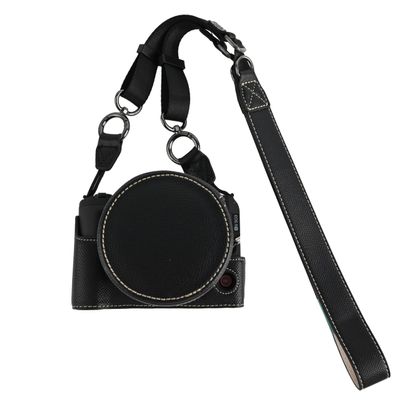 BMAOLLONGB R50 V Case, Handmade PU Leather Half Camera Case Bag Cover Bottom Opening Version for Canon Eos R50 V R50V With Neck Strap Lens Cover (Black)