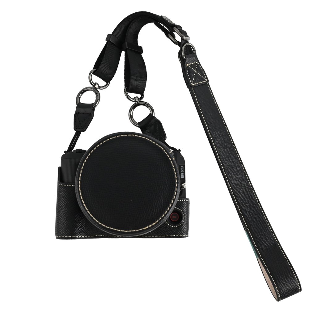 BMAOLLONGB R50 V Case, Handmade PU Leather Half Camera Case Bag Cover Bottom Opening Version for Canon Eos R50 V R50V With Neck Strap Lens Cover (Black)
